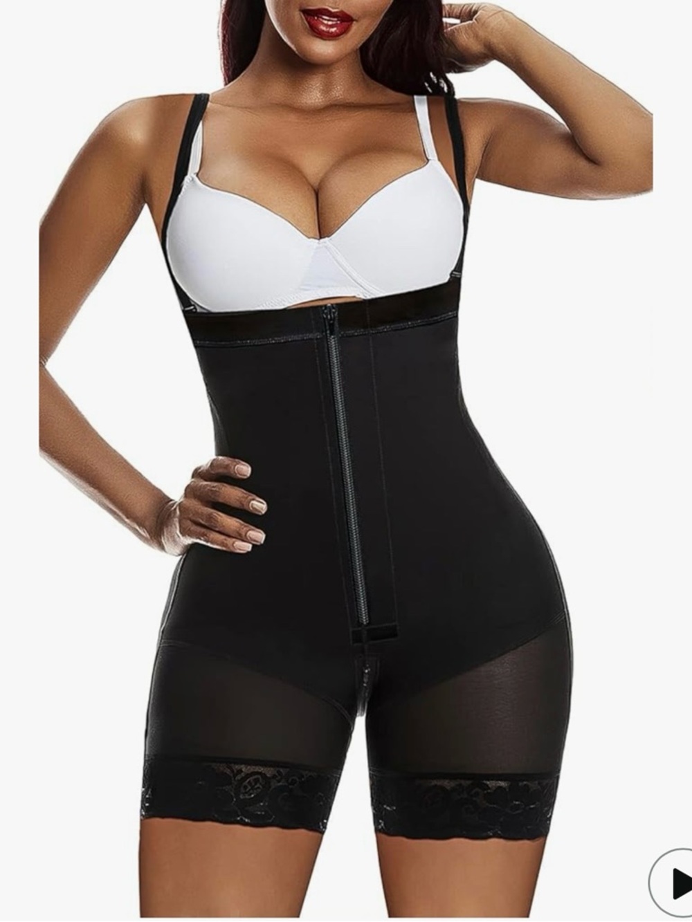 High-Waist Black Shapewear Bodysuit with Lace Thighs
